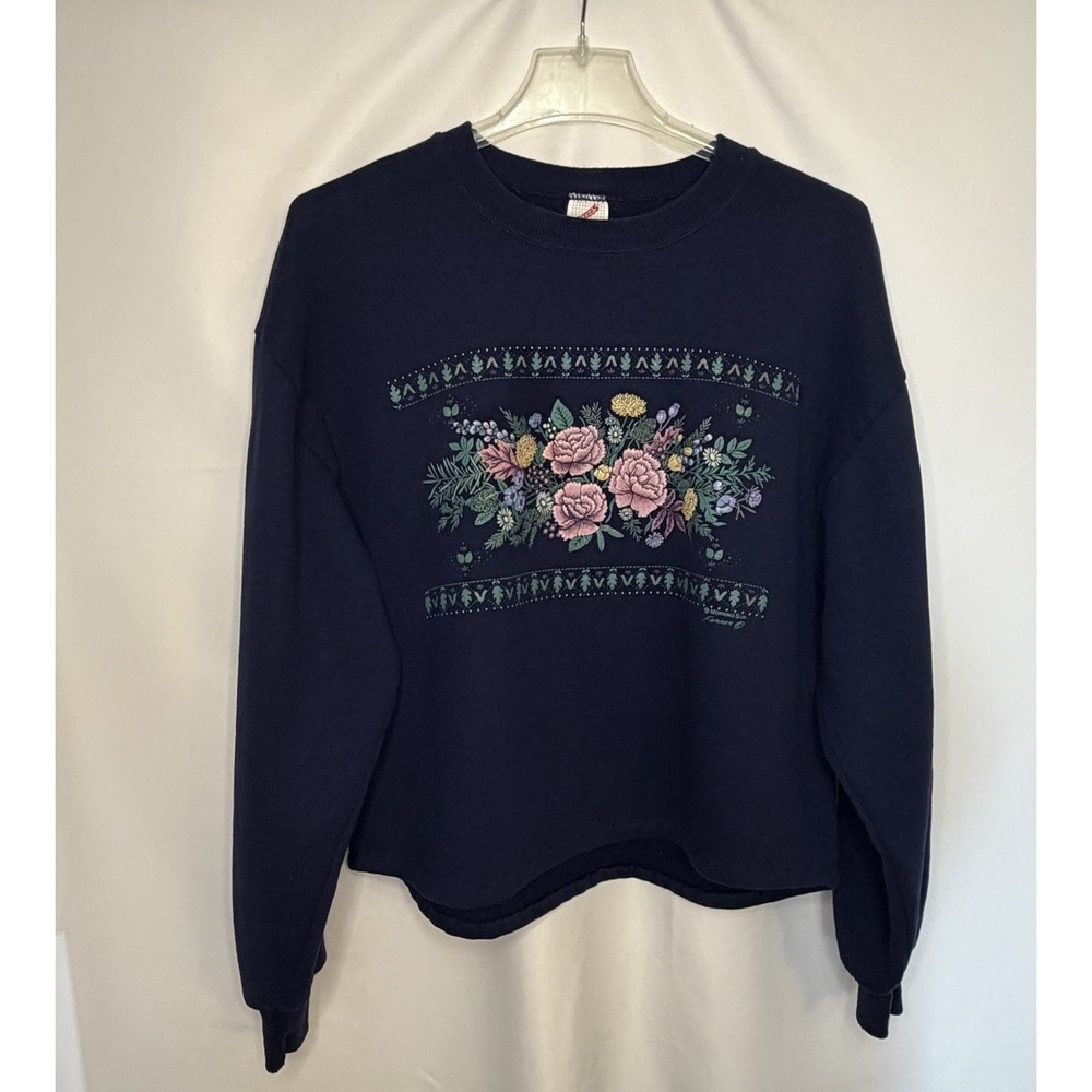 Jerzees Floral Sweatshirt Morning Sun Large Navy Blue USA Made 90s Cottagecore